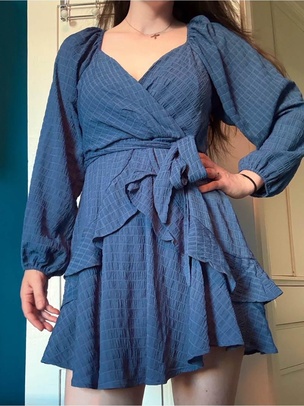 Textured Blue Wrap Mini Dress with Tie Waist